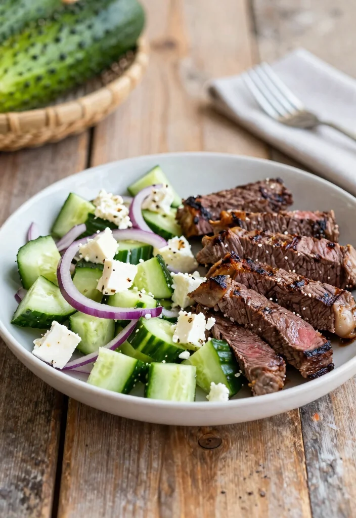 12 Summer Dinner Recipes for Light Seasonal Meals - 10. Cucumber and Feta Salad with Grilled Steak 1