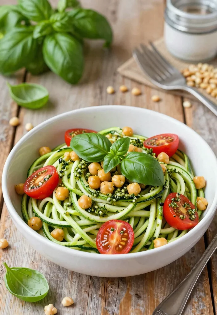 14 High Protein Dinner Recipes for Filling Balanced Meals 56 14 High Protein Dinner Recipes for Filling Balanced Meals - 6. Zucchini Noodles with Pesto and Chickpeas 1