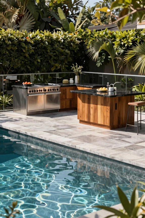 10 Pool Outdoor Kitchen Ideas to Transform Your Backyard 2 backed from pool with durable materials o16wz