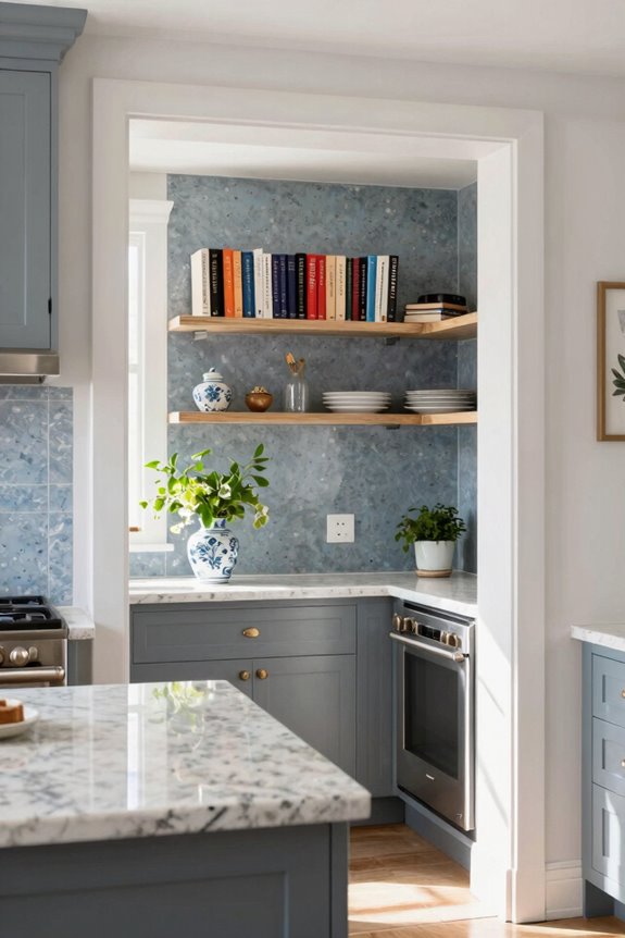 blue gray backsplash enhances modern rustic cohesion