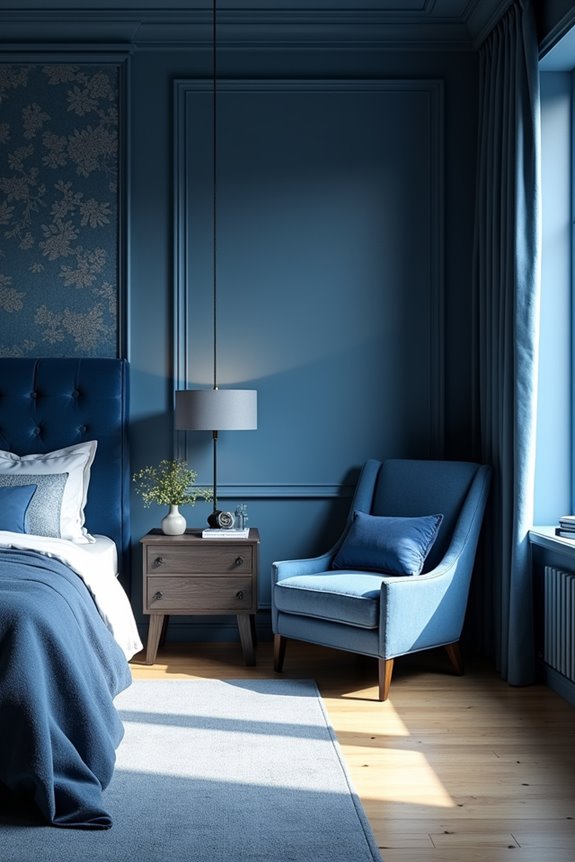 blue wallpaper anchors layered bedroom palette