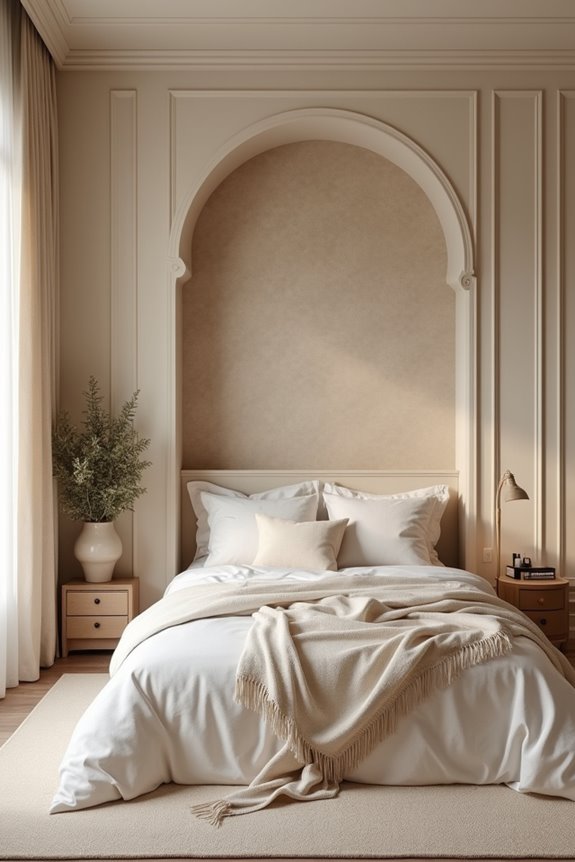 Beige Bedroom Ideas for a Serene Sanctuary 6 delicate wallpaper with architectural anchors