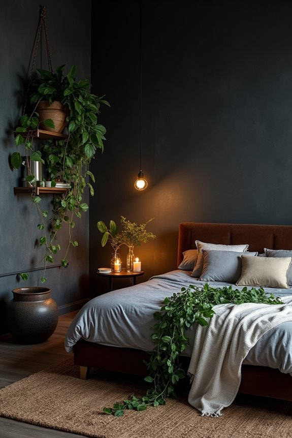 greenery softens moody bedrooms beautifully