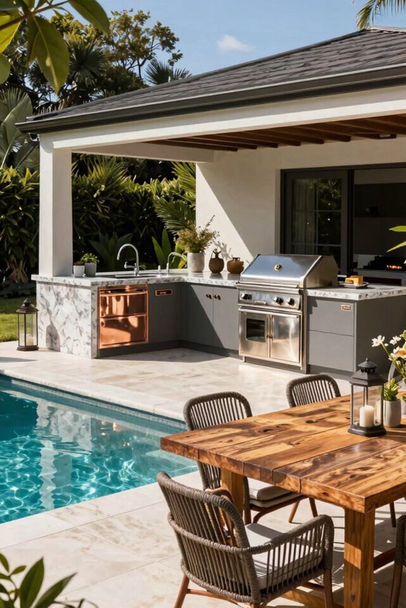 10 Pool Outdoor Kitchen Ideas to Transform Your Backyard 6 integrated dining near outdoor kitchen