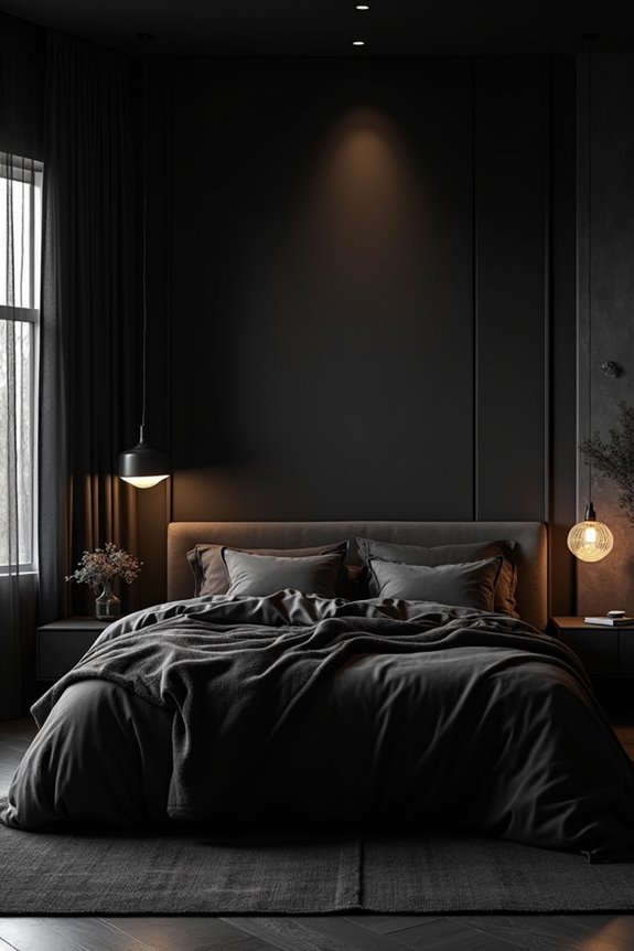 layered warm lighting for black bedrooms