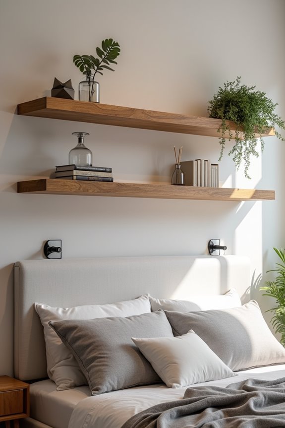 lightweight floating shelves above bed