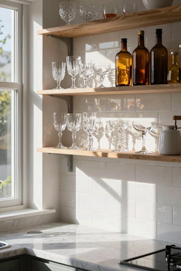 open shelves maximize lighted glassware display