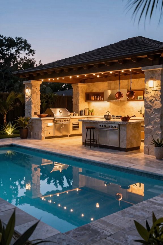 10 Pool Outdoor Kitchen Ideas to Transform Your Backyard 8 outdoor kitchen and pool lighting ambiance