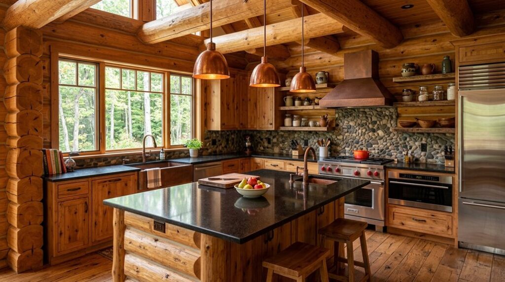 rustic modern log house kitchen