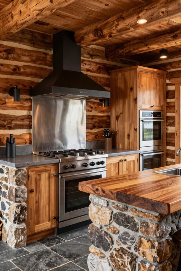 7 Log House Kitchen Ideas That Blend Rustic Charm With Modern Function 2 stone backed earthy appliance integration