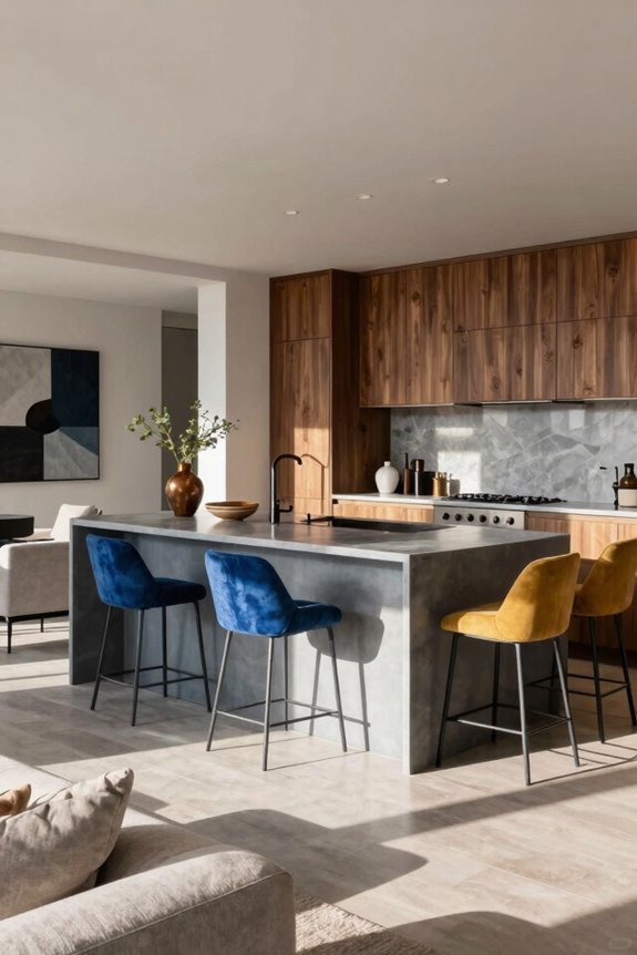 two tone cabinetry defines open plan zones
