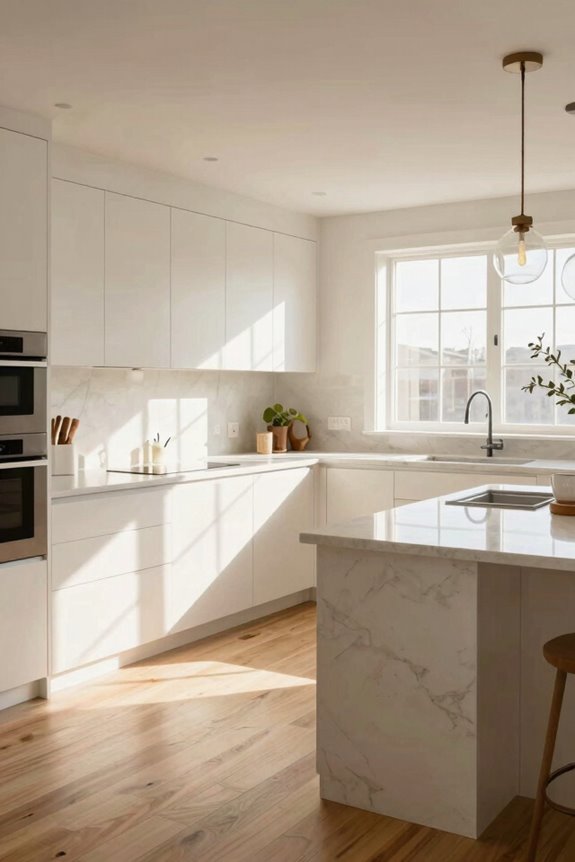 white cabinetry bright countertops glass front cabinets